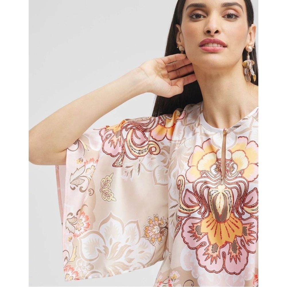 Chico's Pastel Scarf Print Satin Floral Keyhole Blouse Top 0 Small 4 - Picture 3 of 12
